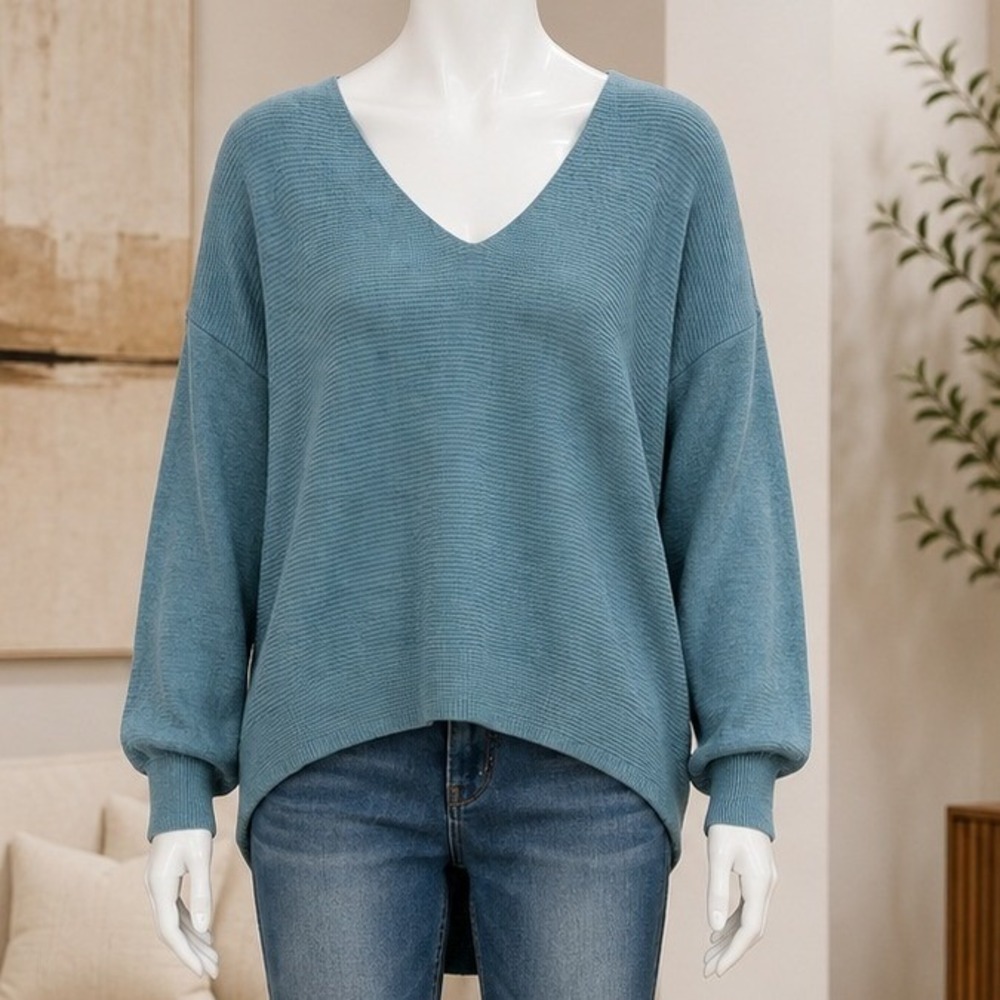Ella Moss Womens Sweater Teal Blue Ribbed V-Neck Knit Pullover Large